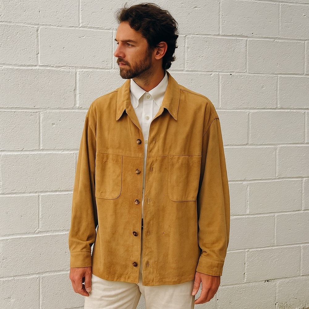 Vintage Sulka Suede Button Up Shirt Jacket Mens 48 US‎ Medium Tan Made in Italy